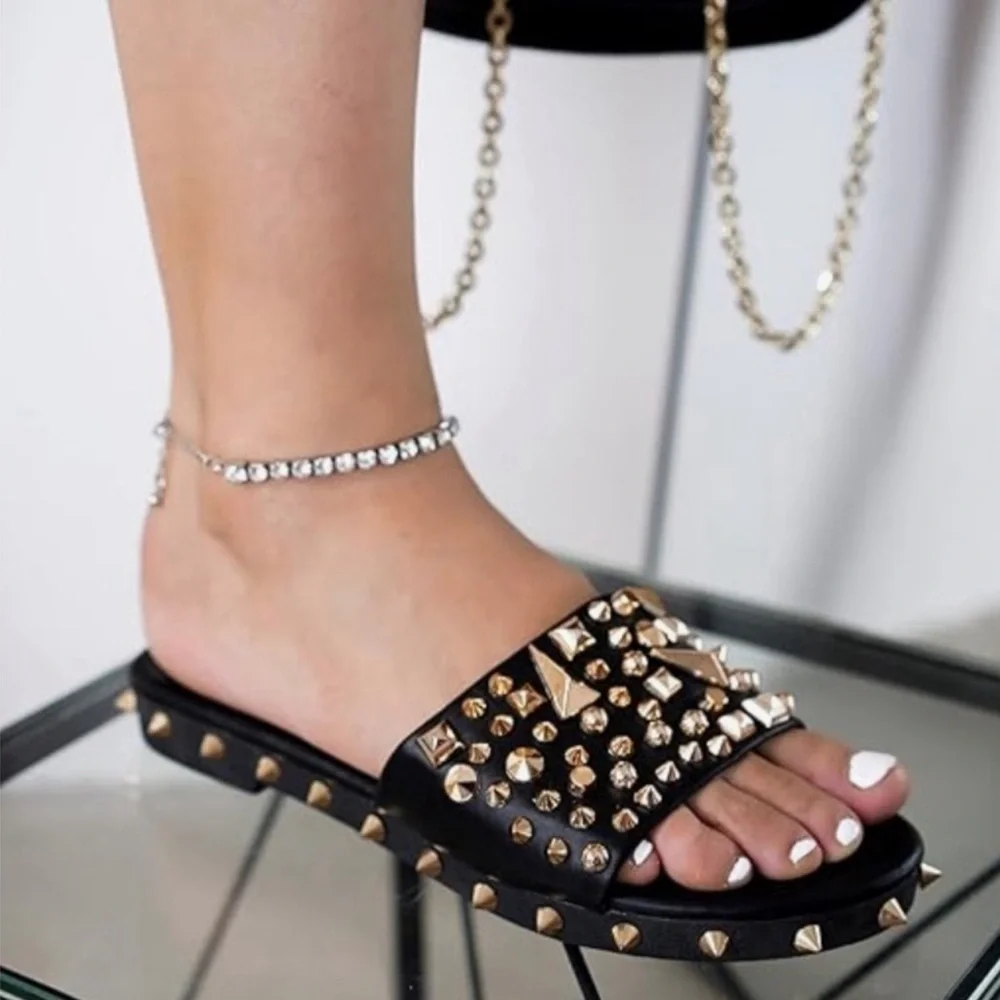 Cape Robbin Black and Gold Sandals with Bold Design Studsed - Picture 4 of 16